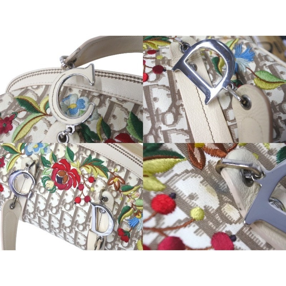 Dior Handbag Canvas Tan Flower Embroidery Trotter Christian Floral Beige - Picture 4 of 10